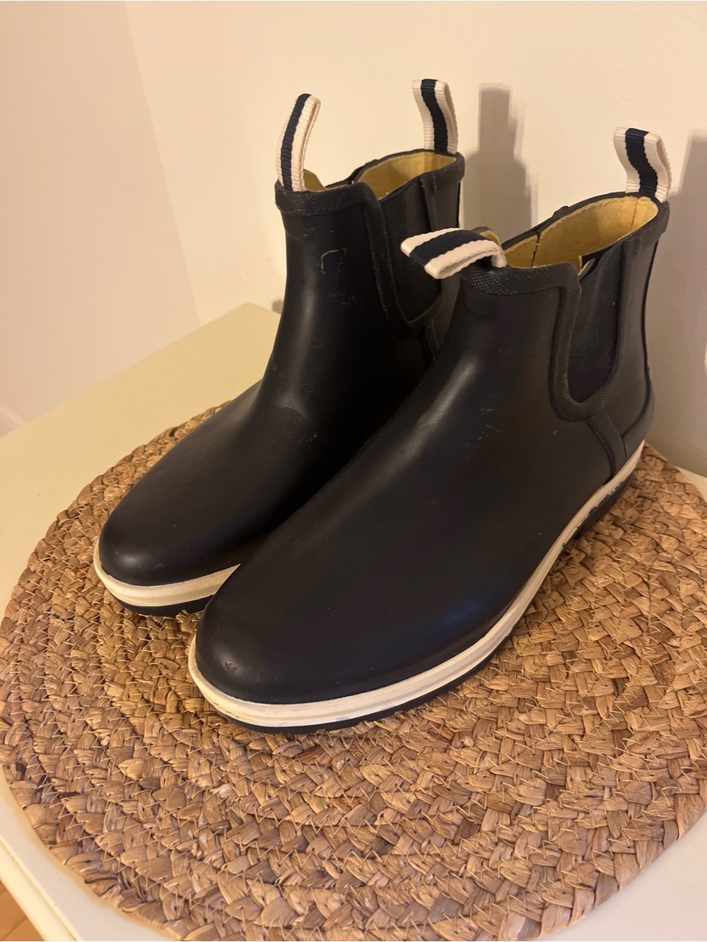 L.L. Bean Black wellie Boots with White Trim